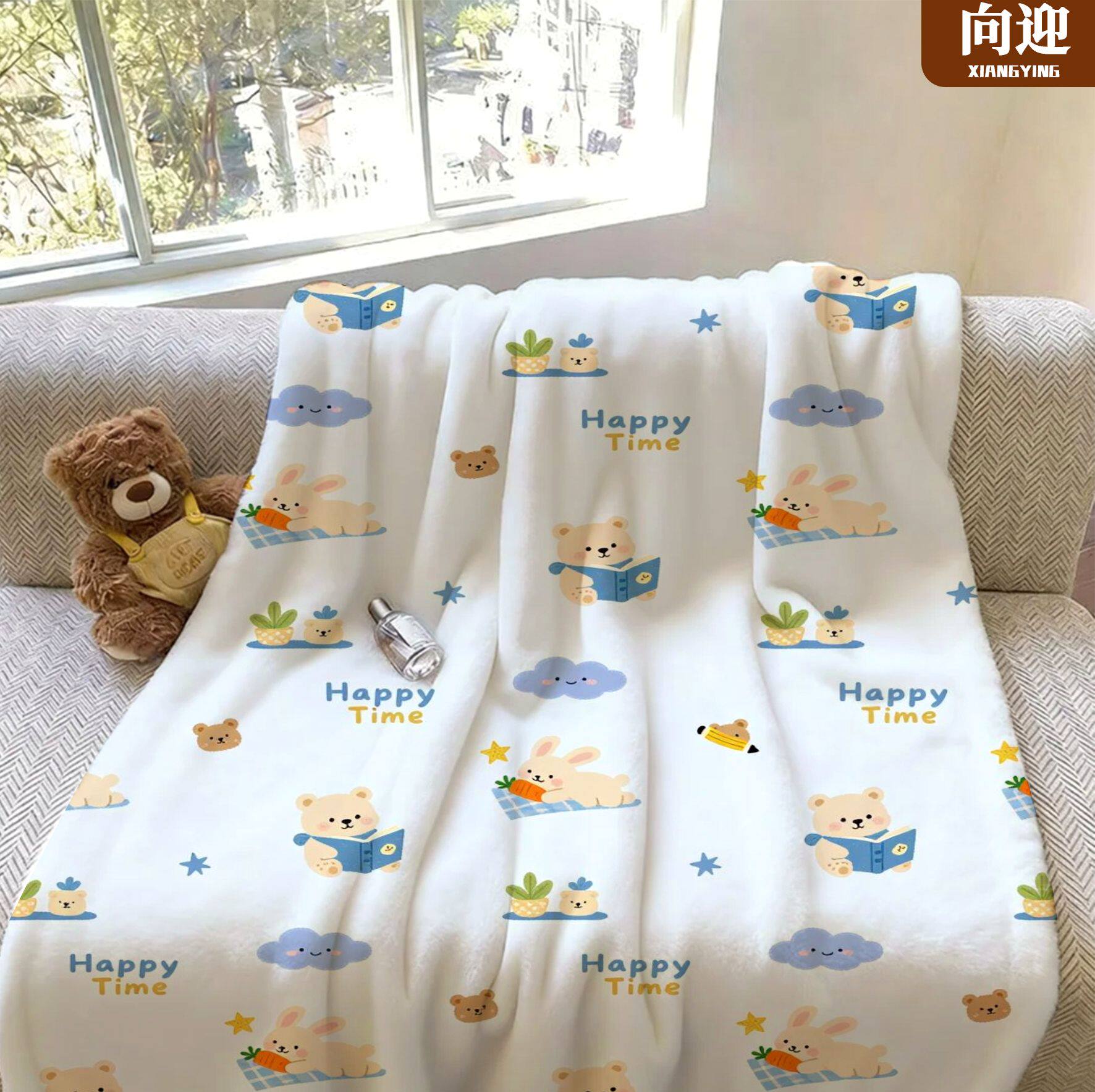 向迎法兰绒毛毯可爱卡通小熊毛毯法兰绒保暖家居服睡毯白色休闲毯