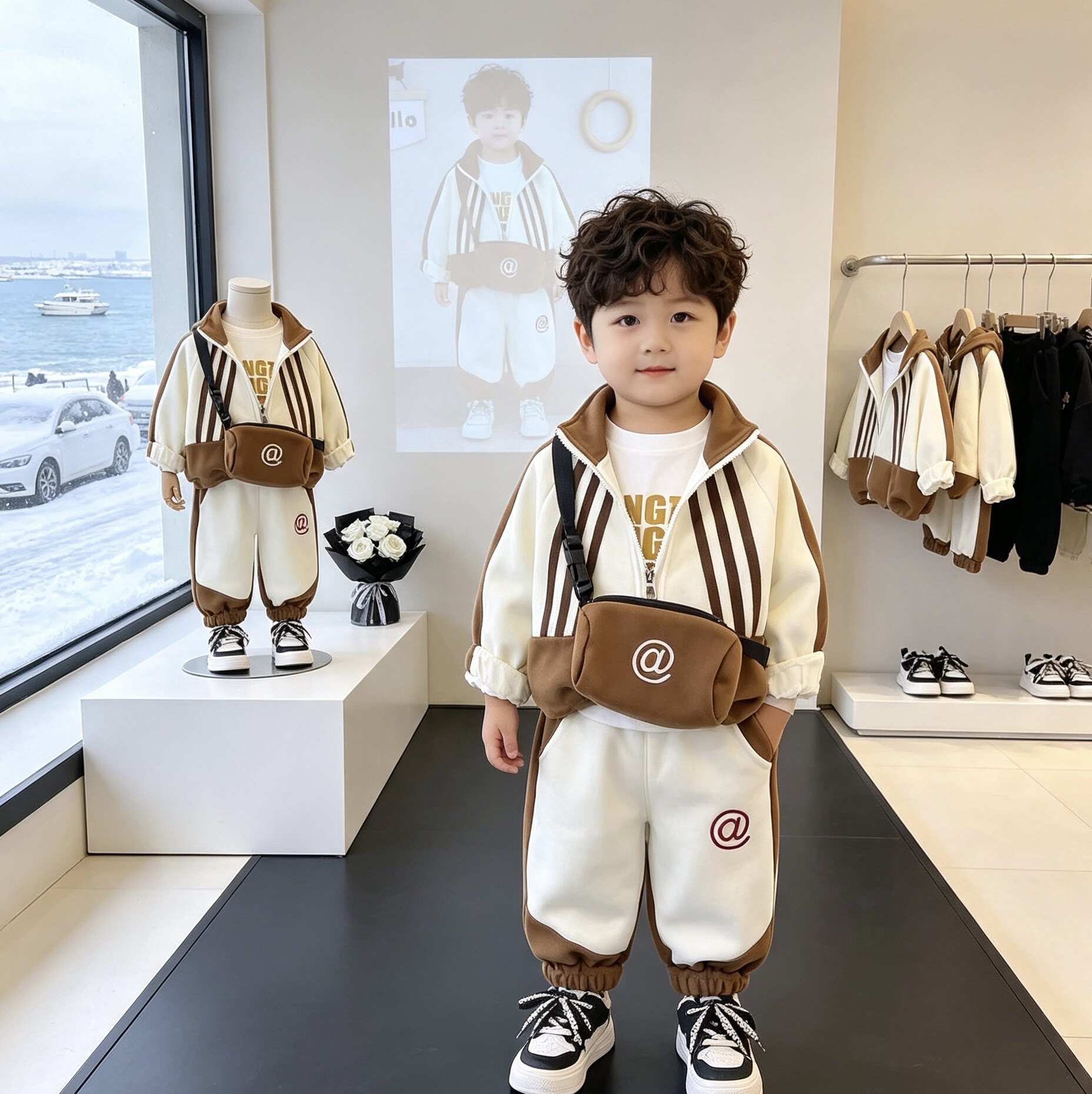 林小满秋季男童三件套儿童条纹拉链衫带包长裤宝宝洋气运动套装