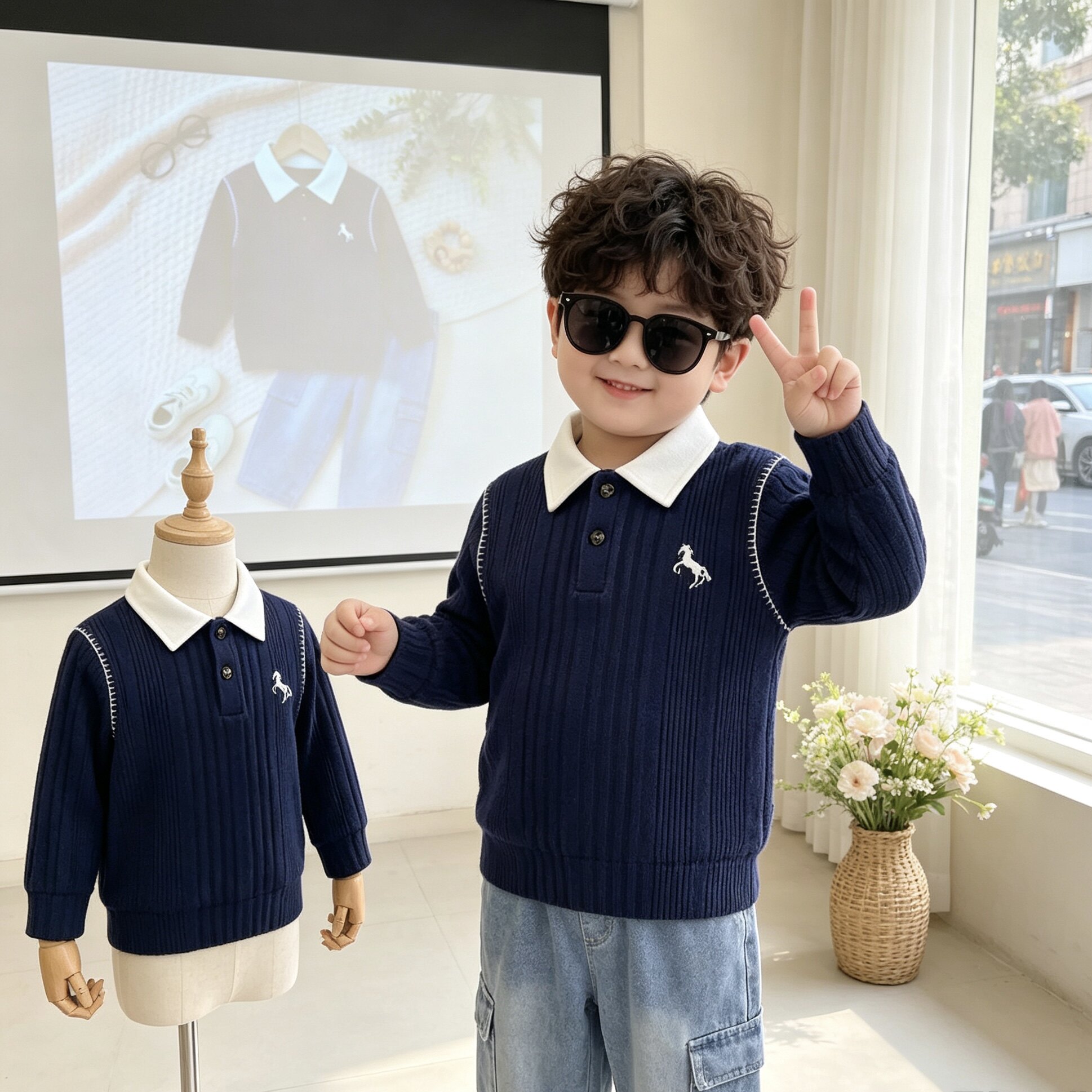 2026秋季新款男童复古翻领长袖polo衫套装小童刺绣小马上衣牛仔裤