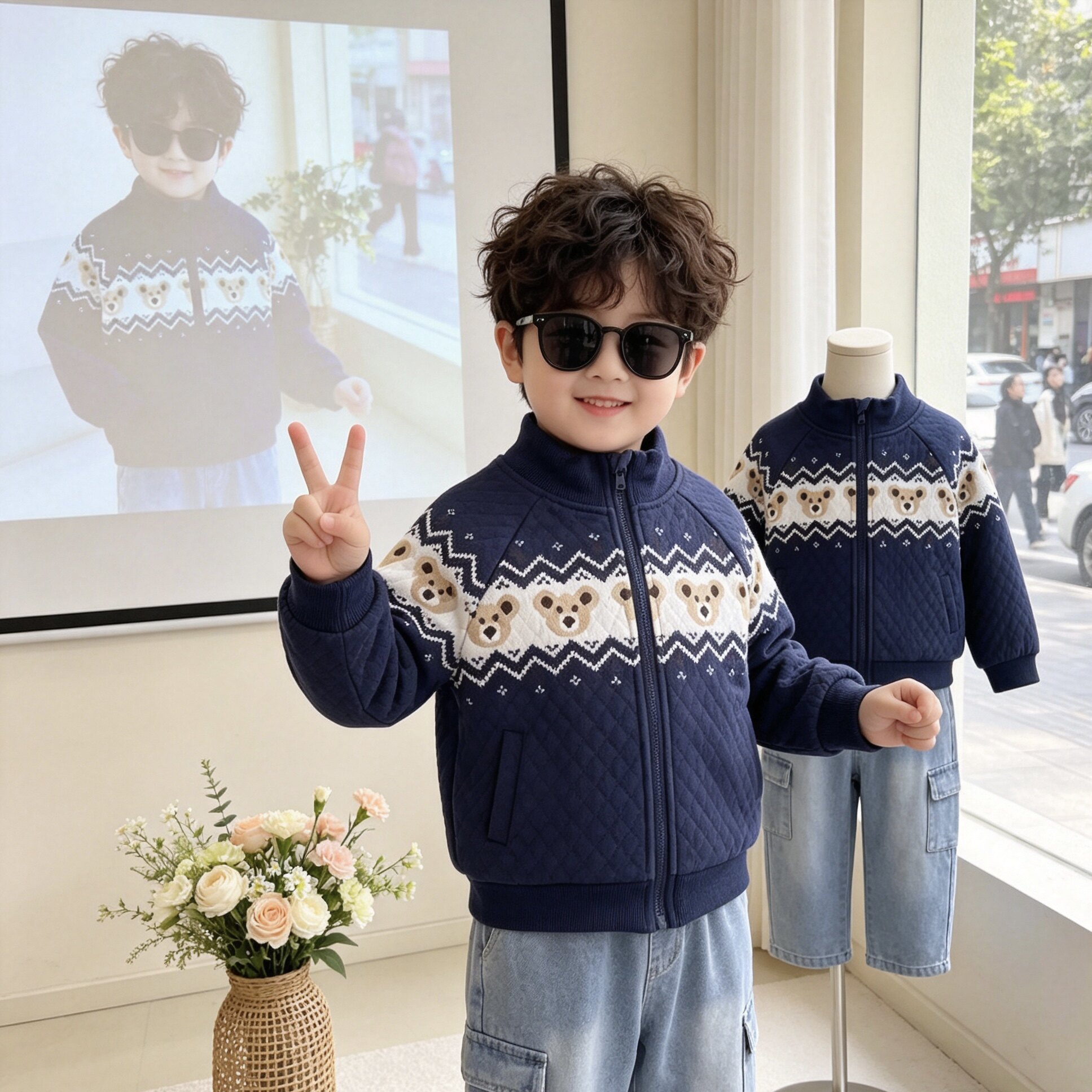 儿童外套2026秋季新品男童洋气小熊立领拉链衫套装牛仔裤两件套