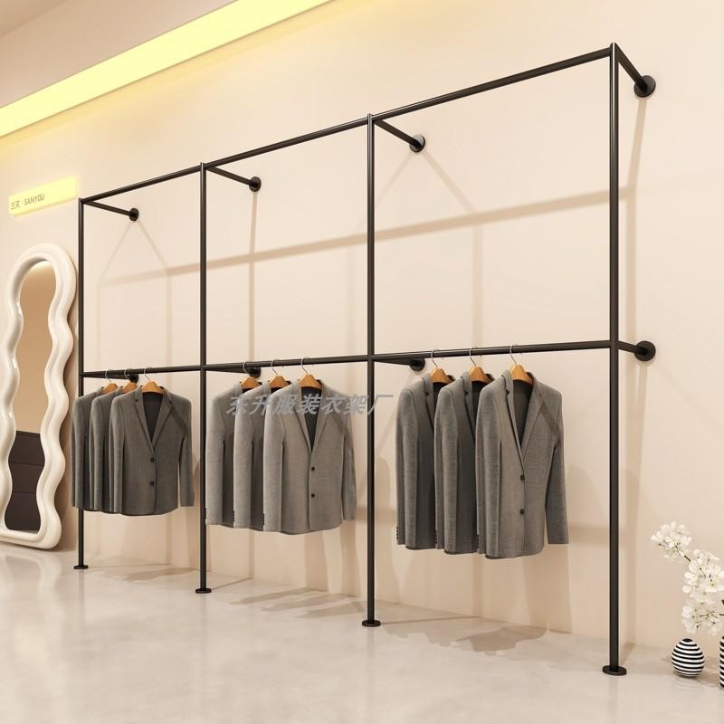 服装店展示架上墙双层挂衣服架子婚纱店西装裤子黑色加粗陈列货架图片