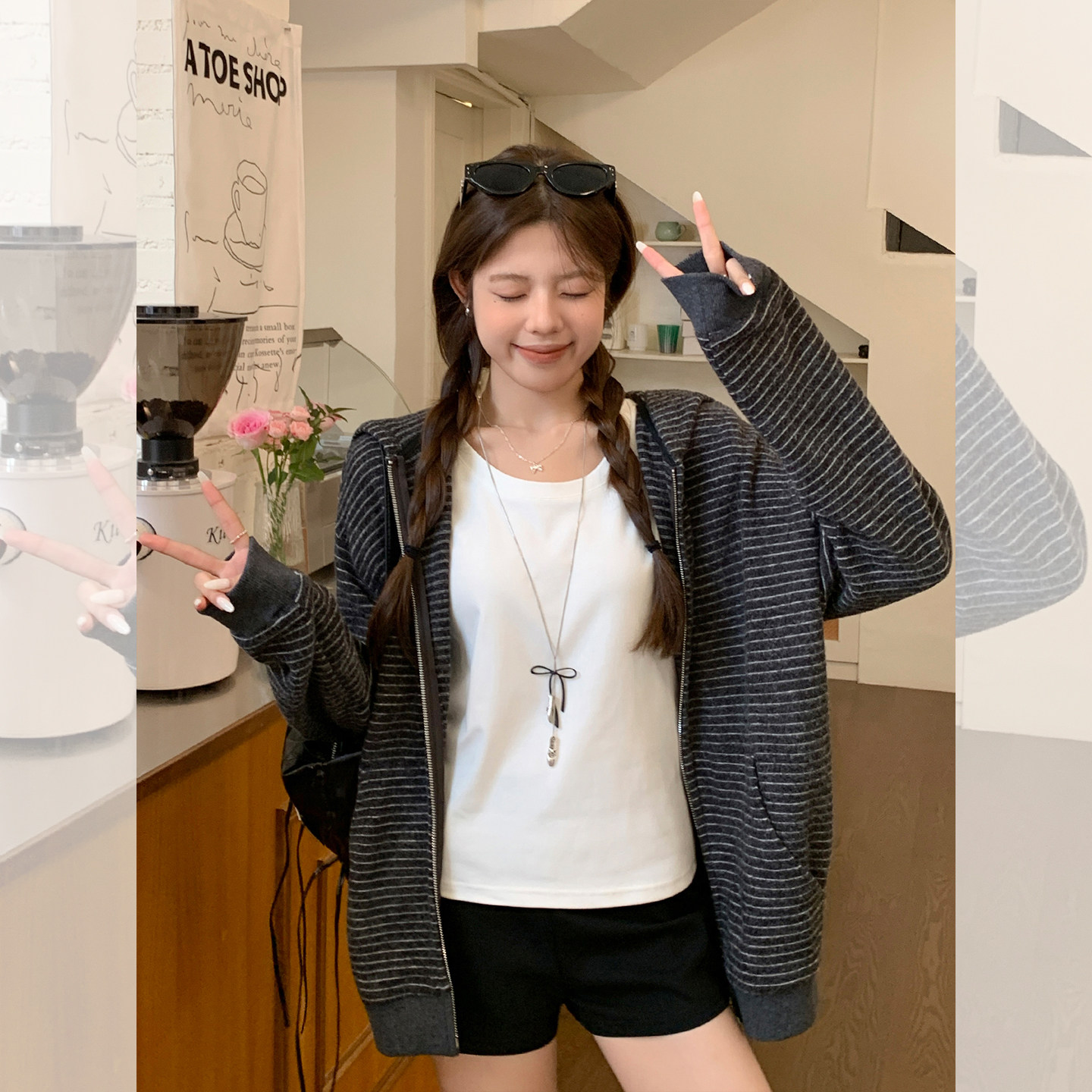慵懒风条纹连帽卫衣女2026年秋装宽松拉链开衫针织撞色百搭上衣