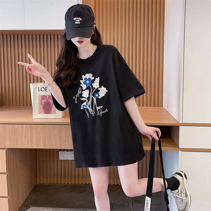 韩系洋气纯棉宽松中长款蕾丝贴布绣花短袖T恤女时尚设计感上衣