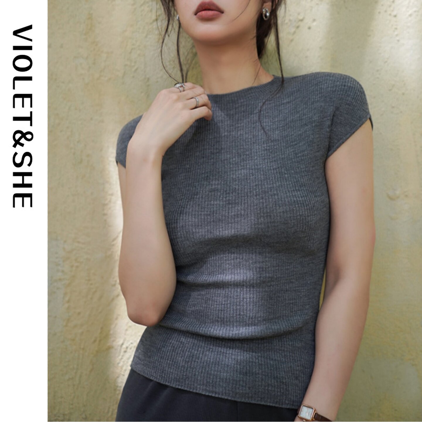VIOLET&SHE圆领短袖显瘦针织衫