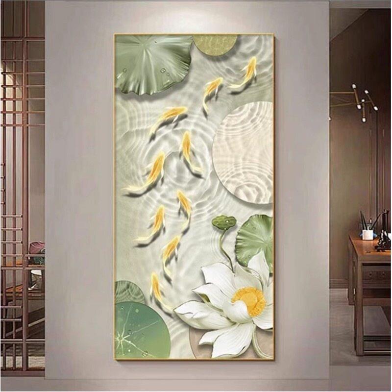 九鱼图莲叶莲花装饰画玄关走廊入户正对门有框挂画简约现壁画