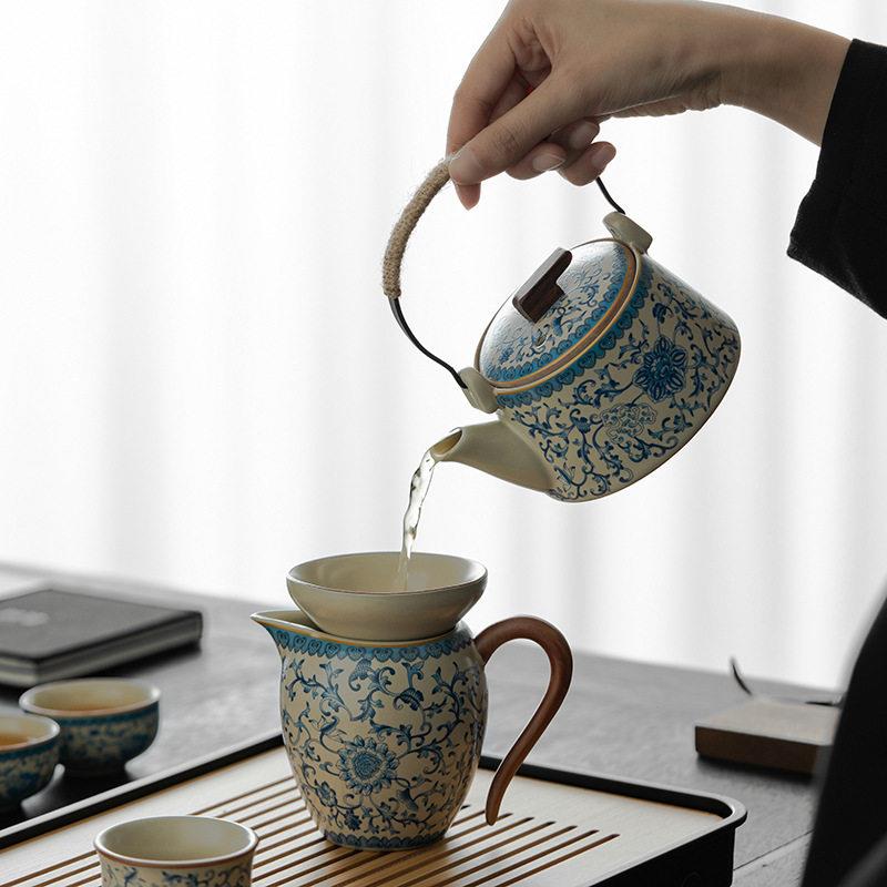 青花米黄汝窑功夫茶具套装家用泡茶壶档茶杯冲茶盖碗陶瓷公道杯