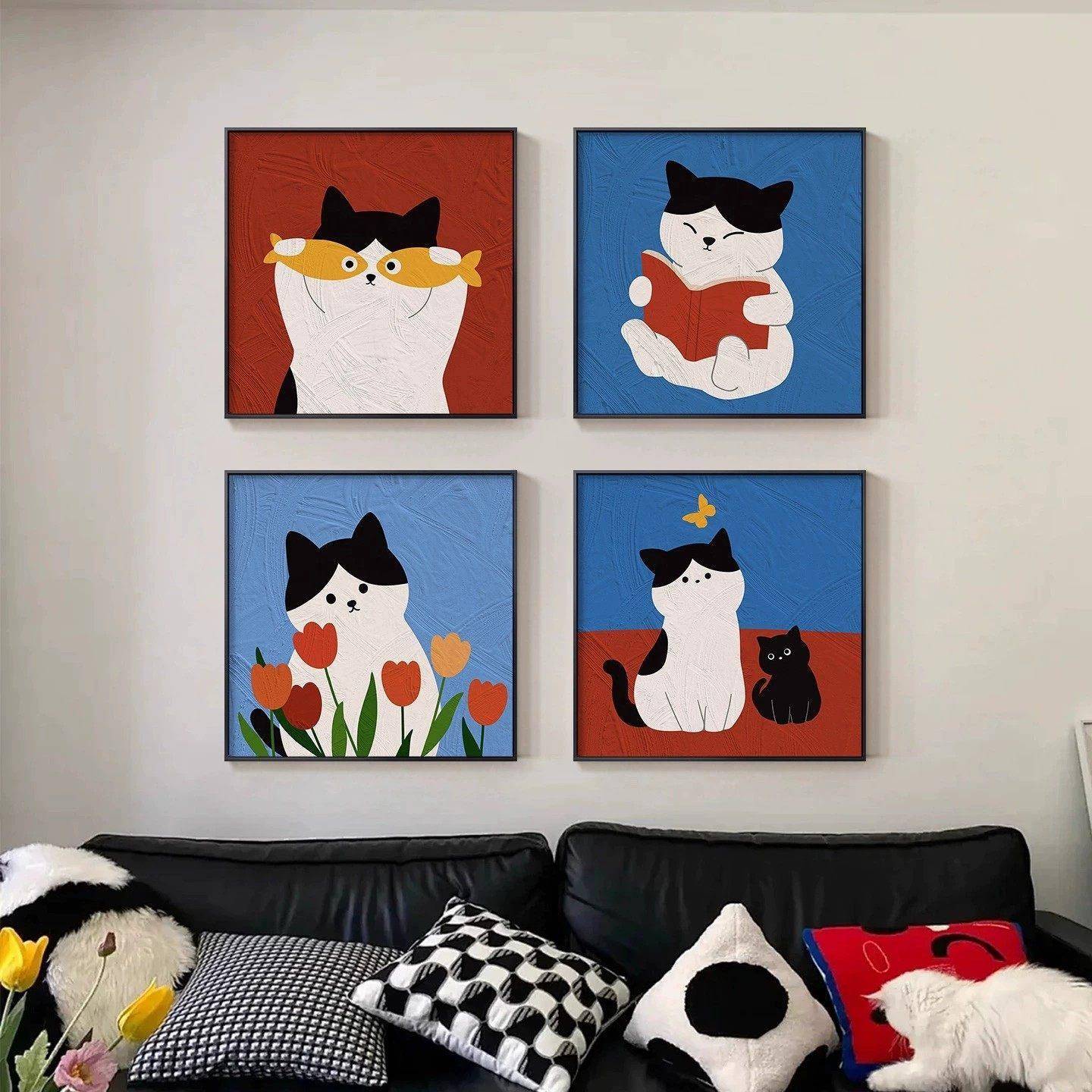 多巴胺卡通猫咪客厅沙发背景墙装饰画卧室儿童房间挂画级感壁画