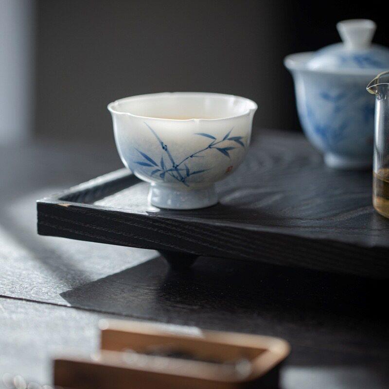 手绘青花竹子渐变花型主人杯洒蓝釉下彩品茗杯杯陶瓷功夫花口杯