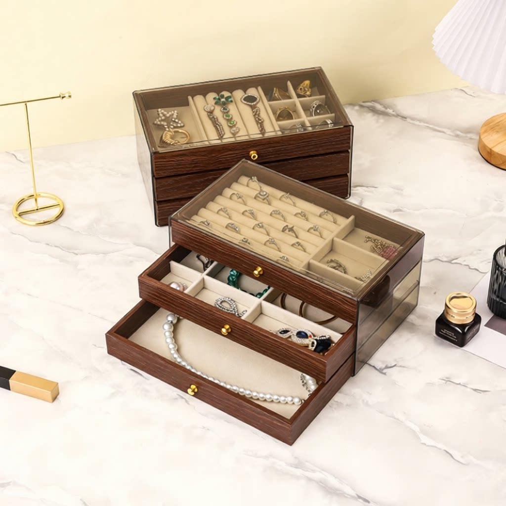 胡桃木首饰收纳盒绒布耳环项链手