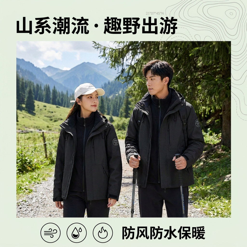 户外冲锋衣三合一女防风防泼水登山服外套男款工作服