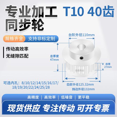 同步轮T1040齿BF齿宽27内孔121415171920T铝微型调节导向同步带轮