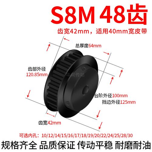 同步轮S8M48齿钢料发黑带宽40内孔12.7 14 15 16 17 1928同步带轮