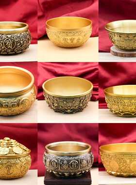 黄铜聚宝盆双鱼金色复古钱币聚财缸客厅办公室桌面铜工艺品摆件