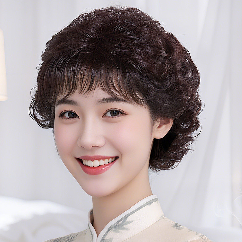 纳伊丝中老年真发短发整顶假发女