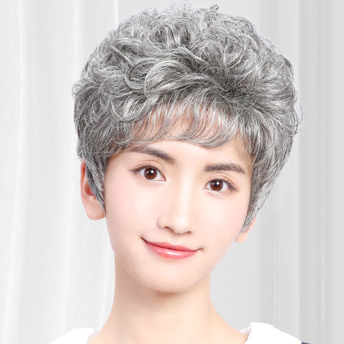 奶奶灰羊毛卷假发套妈妈款短卷发