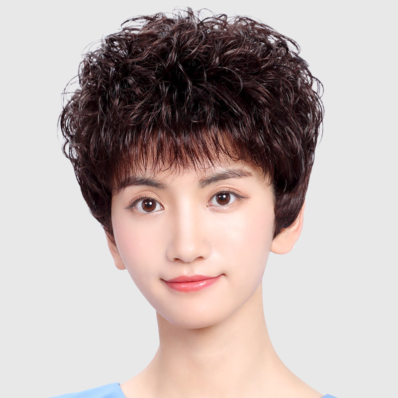 纳伊丝真发中老年短卷整顶假发女