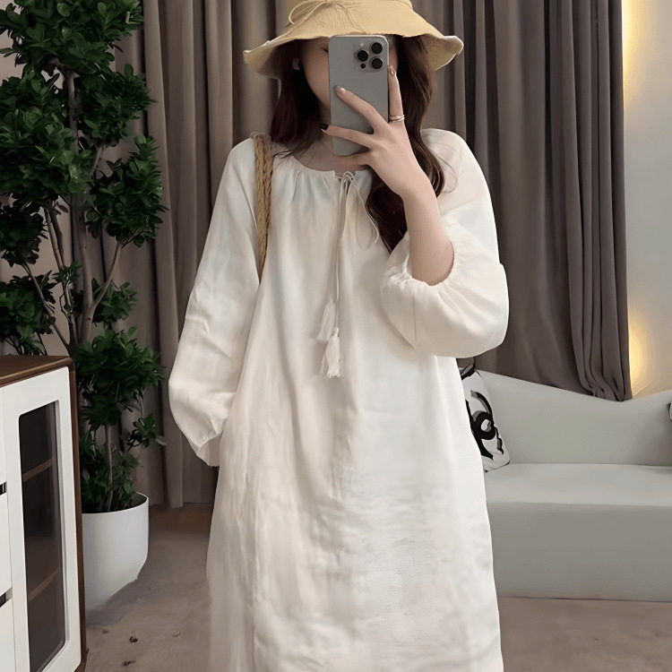 法式感亚麻白色连衣裙女2026新款春秋季棉麻气质极简风中长裙