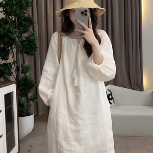 法式感亚麻白色连衣裙女2026新款春秋季棉麻气质极简风中长裙