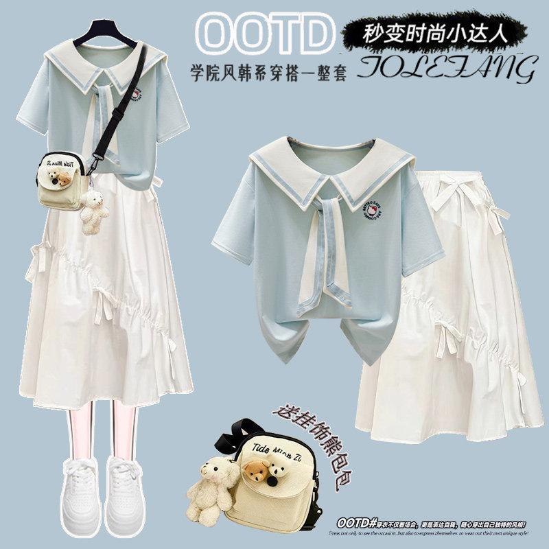女大童连衣裙学院风夏季新款初高中学生海军领短袖半身裙子两件套