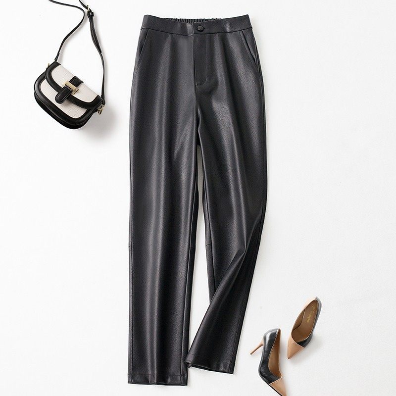 海宁真皮皮裤女2025春秋新款高腰显瘦直筒裤黑色九分烟管裤休闲裤,女装/女士精品,休闲裤,淘宝优惠券,粉丝福利购,淘宝优惠卷
