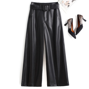 秋冬宽松高腰显瘦休闲直筒九分长裤 女2025新款 阔腿裤 海宁真皮皮裤