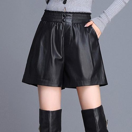 松紧高腰阔腿靴裤真皮皮裤女短裤
