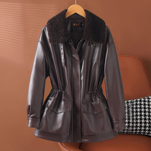 白鸭绒真皮羽绒服皮衣女2025绵羊皮拉贡羊毛领抽绳收腰中长款 外套