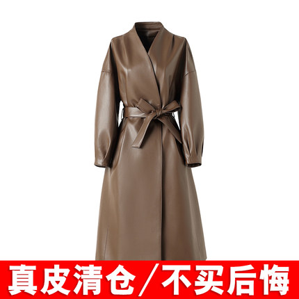 2025年新款春秋真皮皮衣女中长款廓形收腰绵羊皮风衣修身显瘦外套
