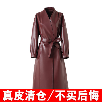 欧货真皮皮衣女中长款秋冬新款廓形外套系带收腰显瘦绵羊皮风衣潮