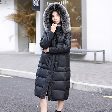 真皮羽绒服女中长款2025新款海宁绵羊皮外套宽松狐狸毛领连帽皮衣