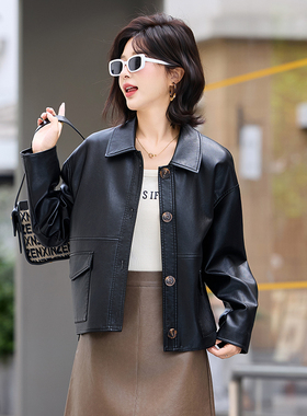 真皮皮衣外套女短款2025春秋新款小个子高级感宽松黑色绵羊皮夹克