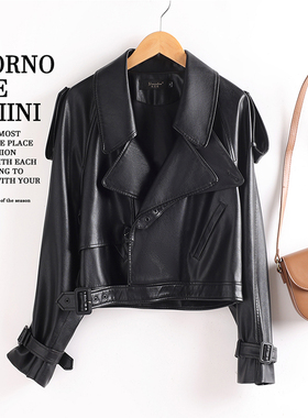 海宁真皮皮衣外套女短款2025春秋新款韩版宽松黑色机车绵羊皮夹克