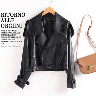 宽松黑色机车绵羊皮夹克 韩版 海宁真皮皮衣外套女短款 2025春秋新款