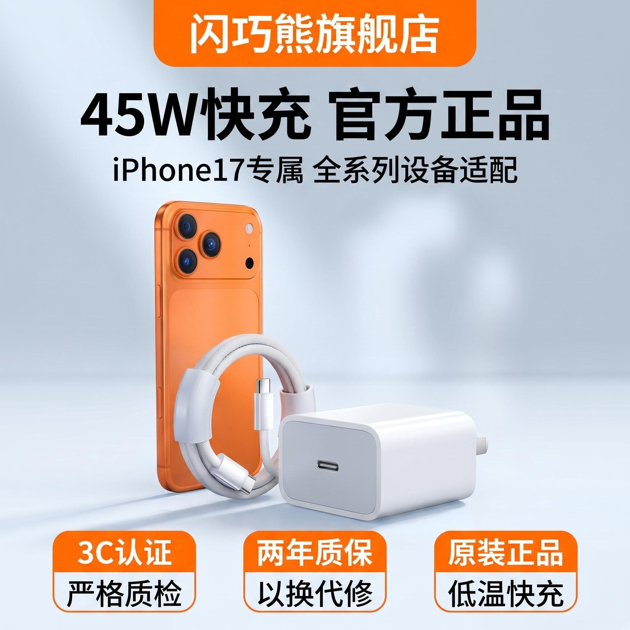 【闪巧熊】国家安全3C认证 45W快充适用苹果充电器头iPhone17/15/14/13/12ProMax手机PD原装数据线16插头iPad