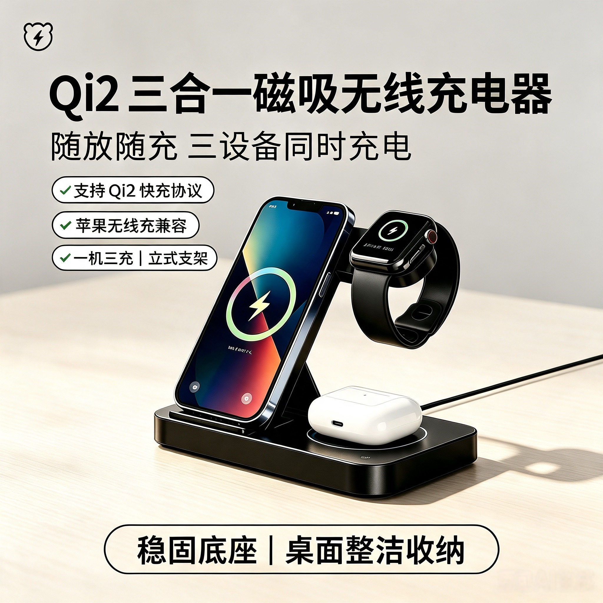 【闪巧熊】无线充电器苹果iphone三合一四合一充电线适用三星华为applewatch快充支架充电底座便携苹果全家桶