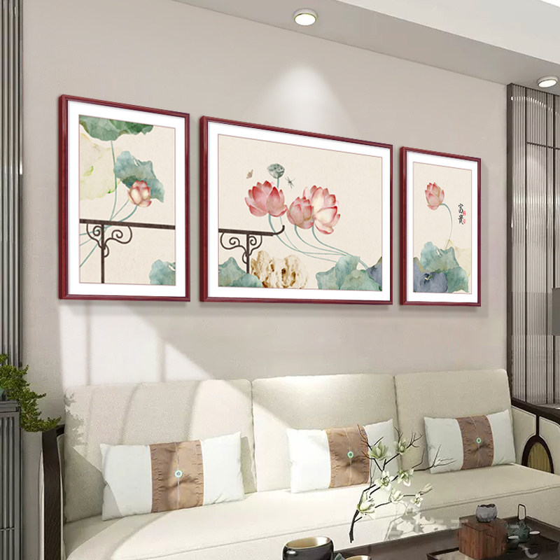 荷花新中式客厅挂画沙发背景墙装饰画大气国风三联画2025新款壁画