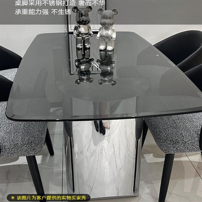 意式极简钢化玻璃餐桌轻奢家用小户型饭桌长方形不锈钢餐桌椅组合