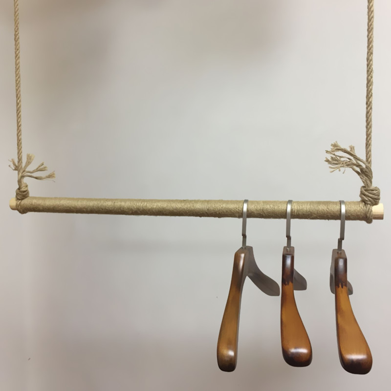 服装店橱窗展示架 悬挂 吊架麻绳实木衣服衣架上墙侧挂 正挂 挂钩