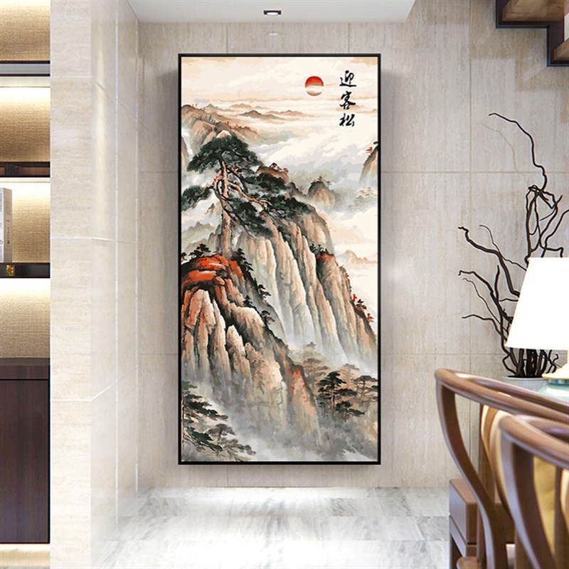 竖版旭日东升DIY数字油彩画新中式客厅玄关过道招财装饰画迎客松