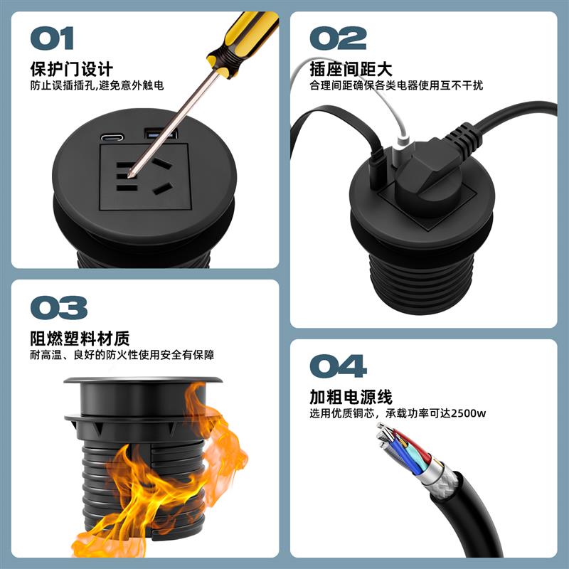 桌面圆形插座嵌入式电脑桌家具茶几隐藏式接线板圆孔桌洞排插60mm