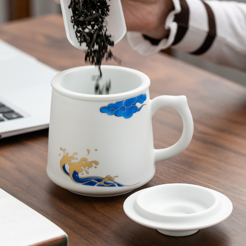 青花瓷泡茶杯家用陶瓷带盖子过滤茶水分离马克杯办公杯水杯个人杯