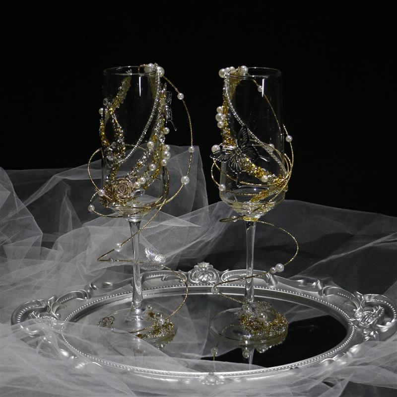 金色敬酒杯创意香槟杯碎钻珍珠婚礼酒杯新婚礼物送闺蜜diy材料包图片