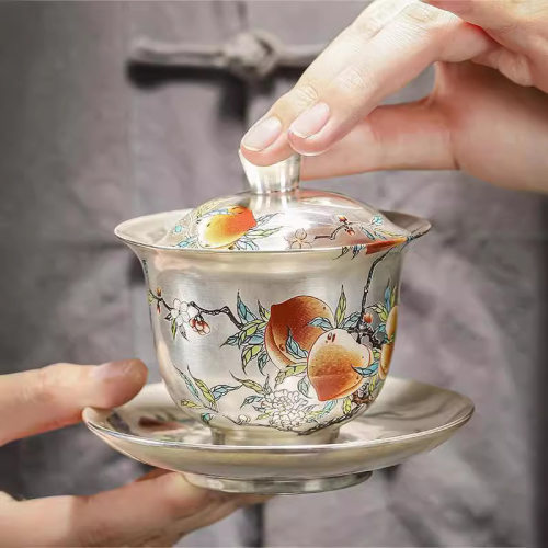 茶具礼品轻奢真银包银盖碗手绘茶器瓷鎏银三才碗高端防烫手抓九桃