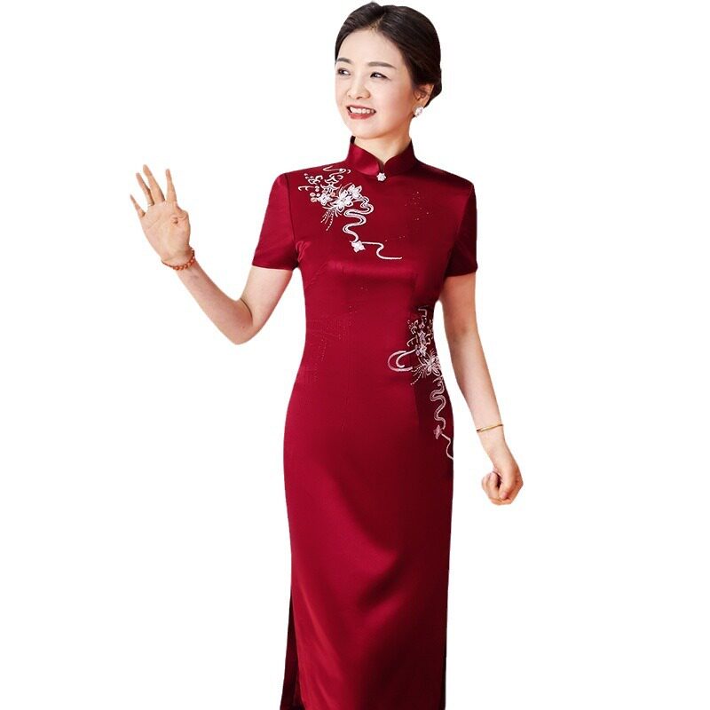 新款高端婚礼妈妈装复古改良绣花旗袍裙短袖喜婆婆婚宴礼服春