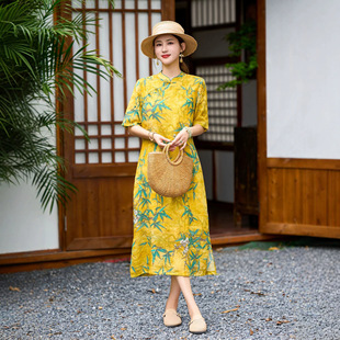 升学送入校苎麻改良旗袍薄款国风文艺节节高升日常宽松黄连衣裙