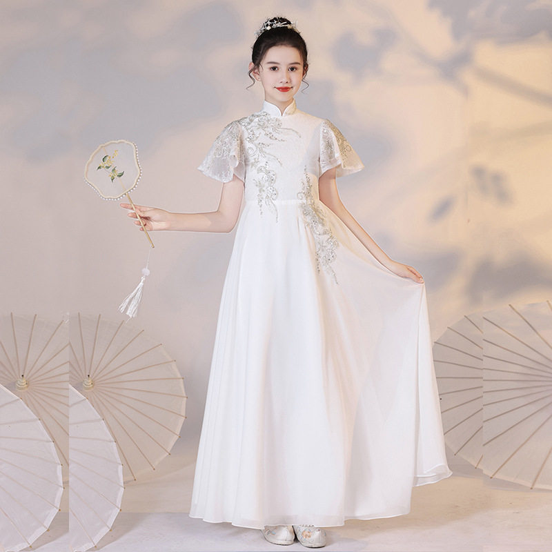 儿童礼服新款白色花童晚礼服中式旗袍女童古筝琵琶演出服高端图片