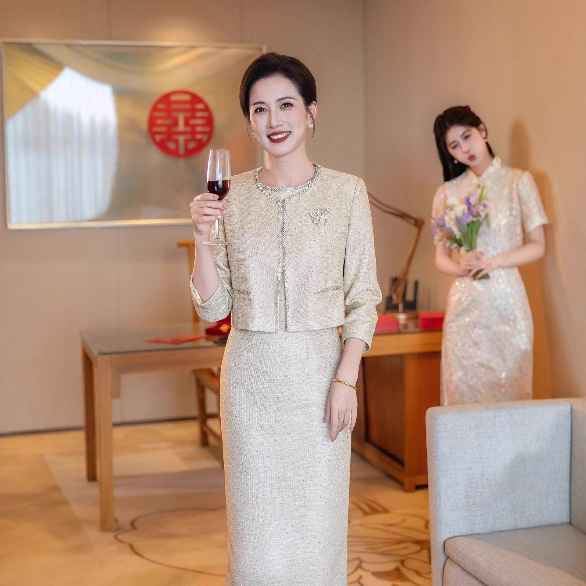 小香风显瘦礼服旗袍两件套冬