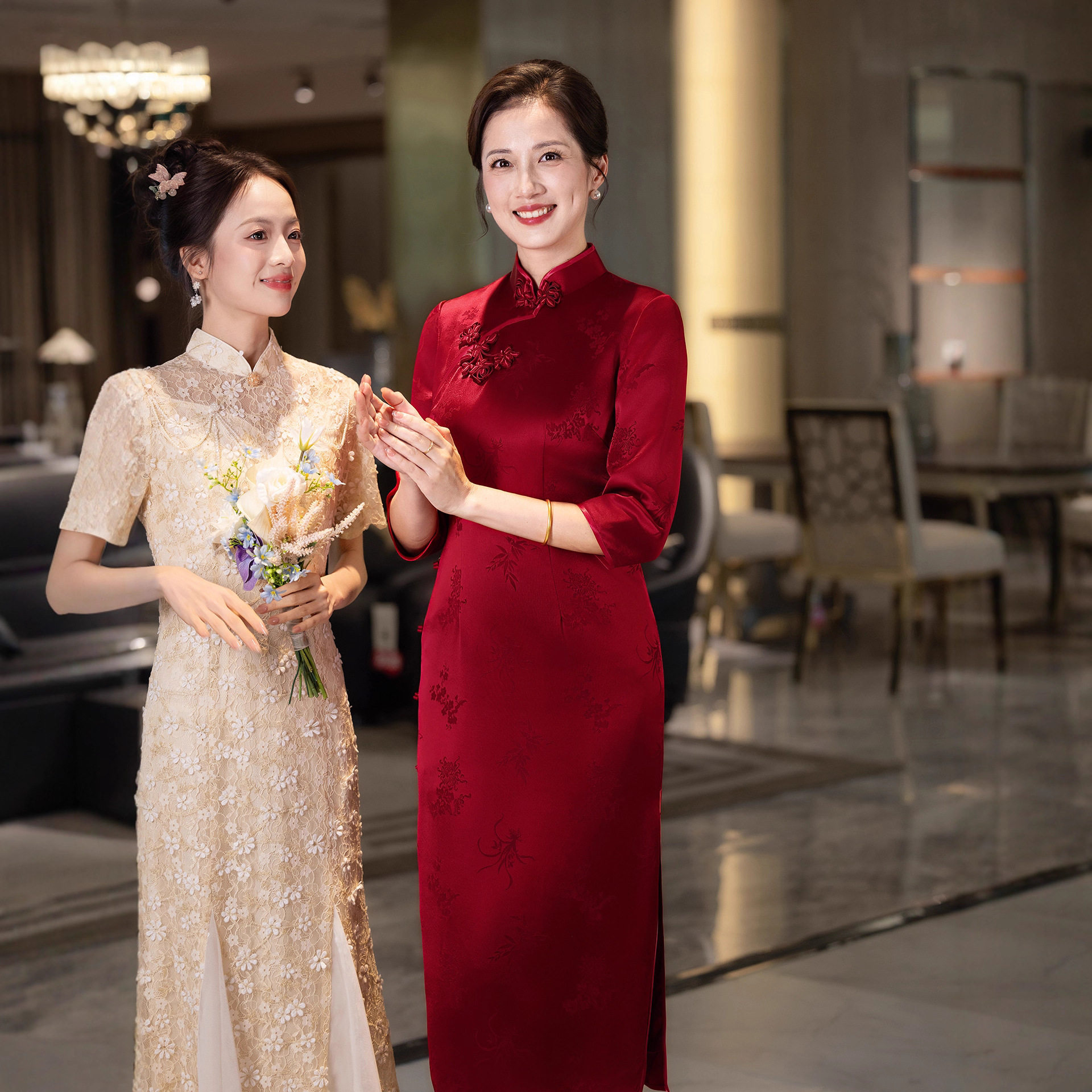 妈妈装酒红色醋酸旗袍婚庆婚宴喜婆婆礼服秋冬新款