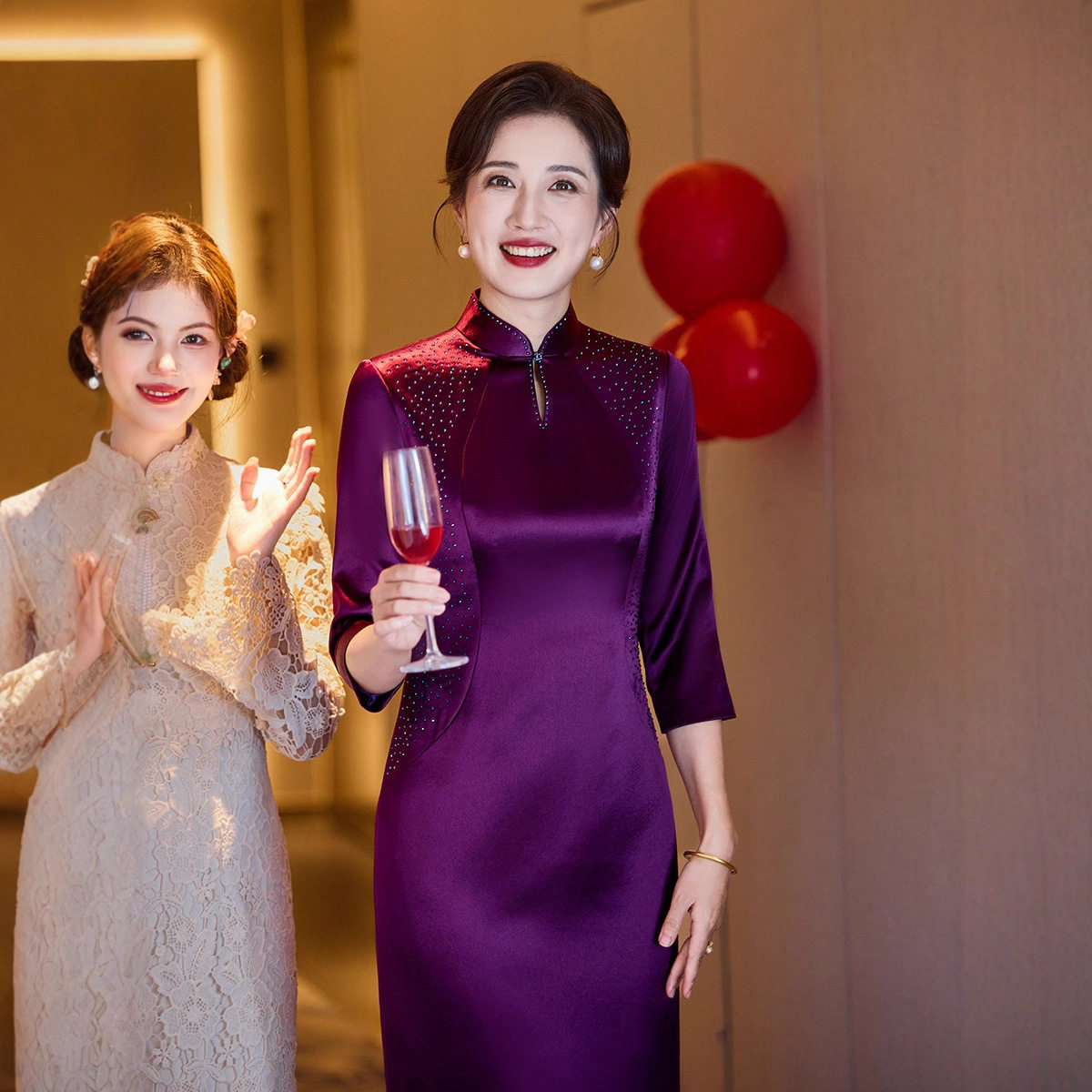 中国风简约高档改良版旗袍喜婆婆结婚婚礼服修身显瘦妈妈装连衣裙