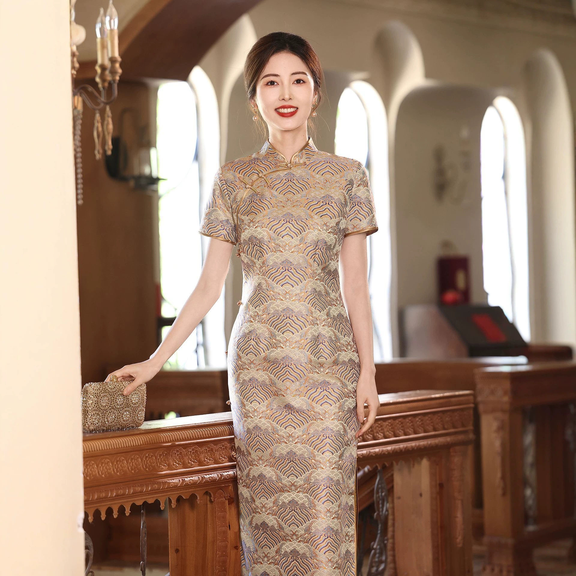 中国风非遗宋锦桑蚕丝旗袍连衣裙高端宴会晚礼服新款妈妈装春夏季